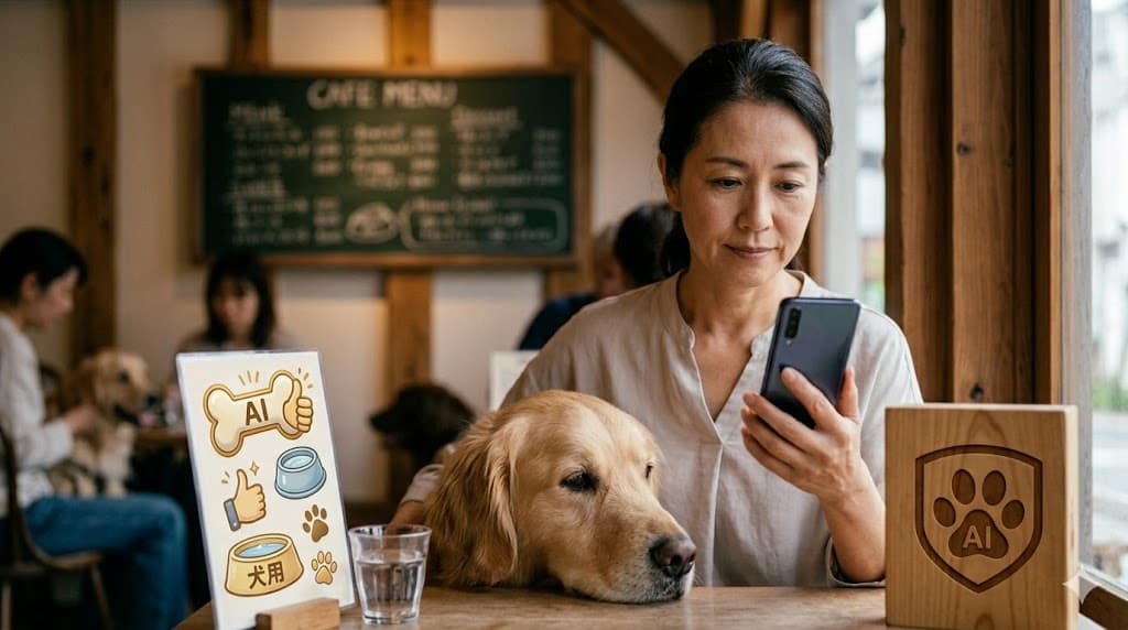 犬同伴OKのカフェでスマートフォンを見る女性と横にいるゴールデンレトリバー
