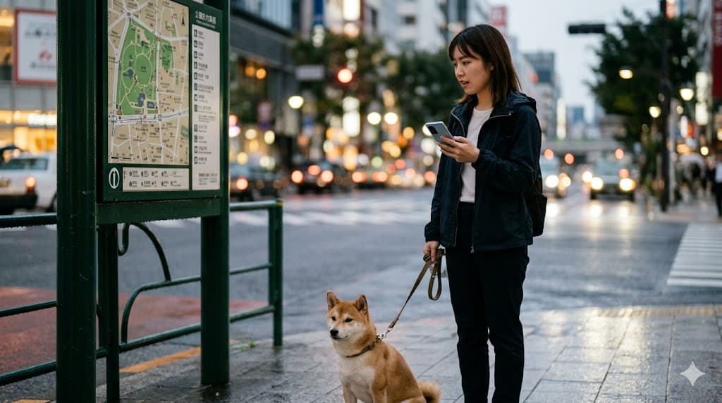 街中の地図ボードのそばでスマートフォンを見ながら犬の散歩をする様子